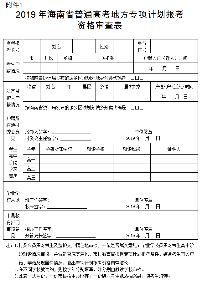 2019年海南省普通高考地方专项计划报考资格审查表