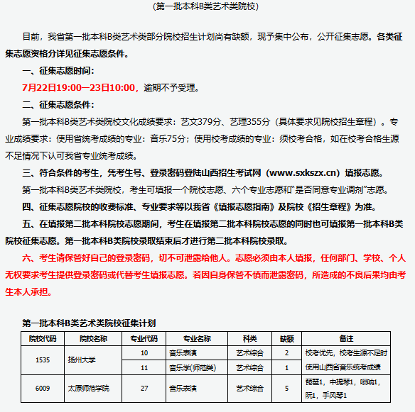 2019年山西省普通高校招生征集志愿公告（第一批本科B类，艺术类院校）