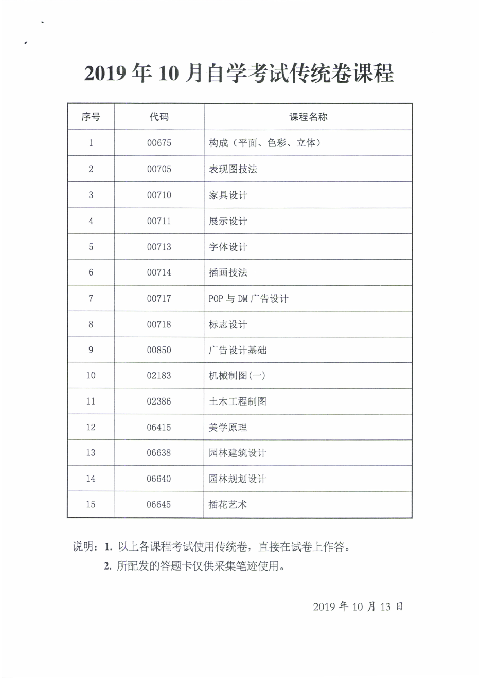 陕西省2019年10月自学考试传统卷课程、专用答题卡课程信息