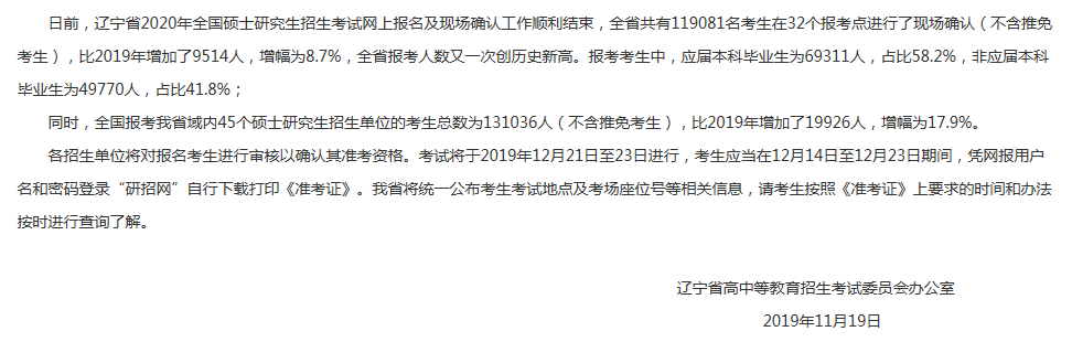 2020年辽宁省全国硕士研究生招生考试报名工作顺利结束