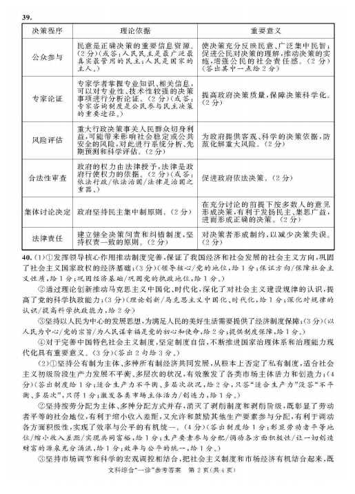 2020届四川省成都市高三文综一诊模拟试题答案（图片版）2