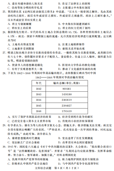 2020届河北省高考文综模拟试题（图片版）6