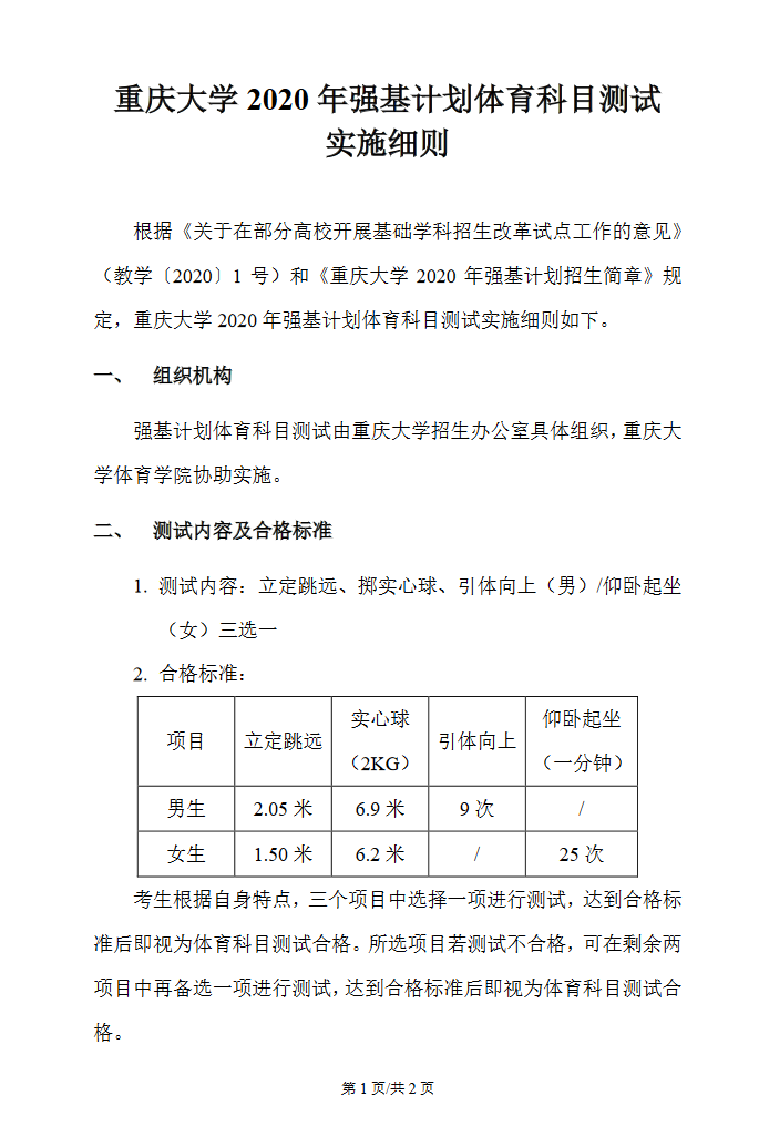 重庆大学2020年强基计划体育科目测试实施细则