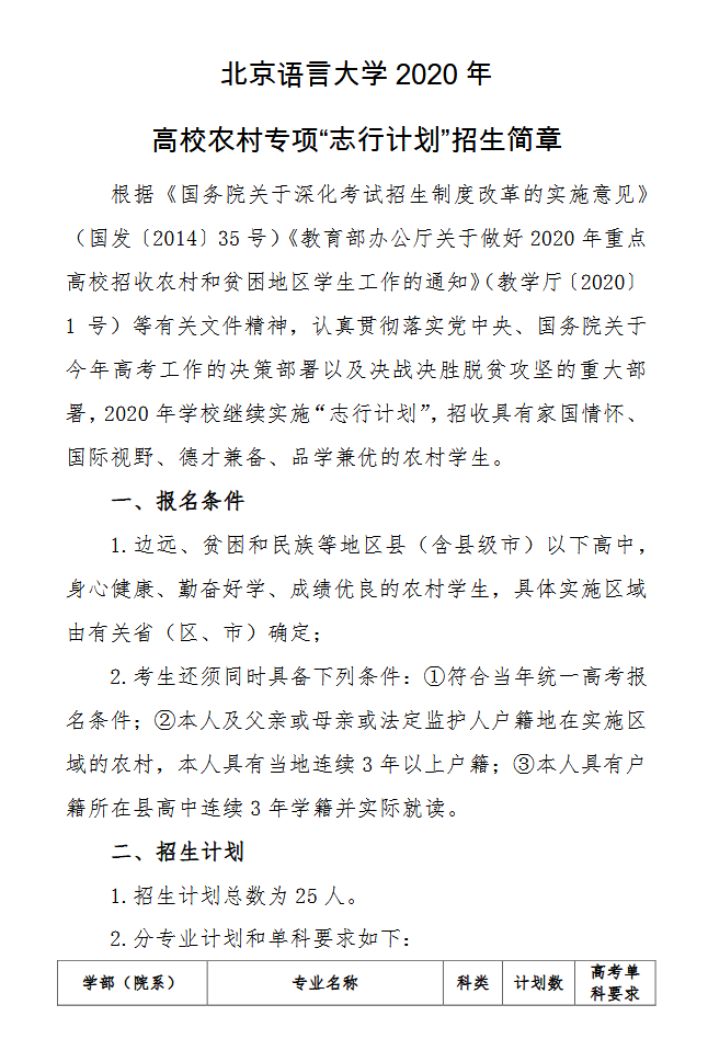 北京语言大学2020年高校农村专项“志行计划”招生简章