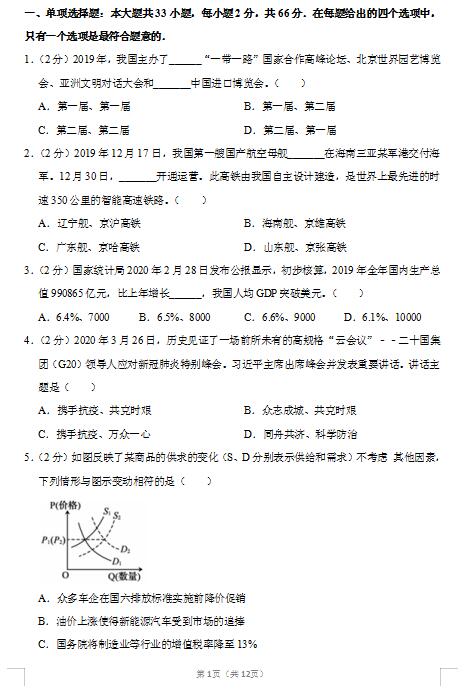 2020届江苏省政治高考模拟试题（图片版）