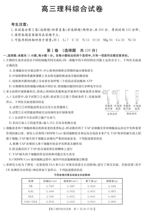 2020届陕西省高丹高新学校高三理科综合试题（图片版）1