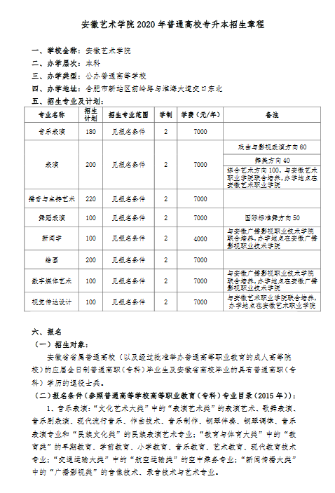 安徽艺术学院2020年普通高校专升本招生章程