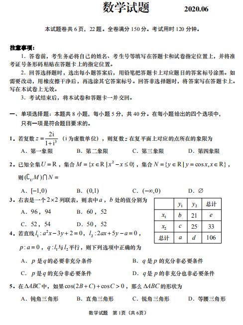 2020届山东省青岛市高三数学自主检测试题（图片版）1