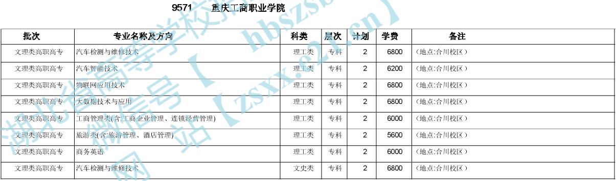 重庆工商职业学院2020年在湖北招生计划