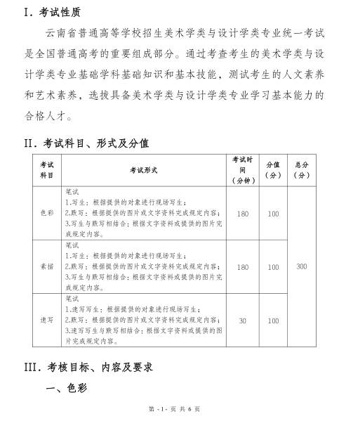 2021年云南省普通高校招生美术学类与设计学类专业统一考试说明