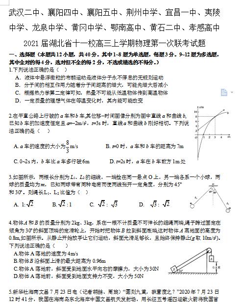 2021届湖北省十一校高三上学期物理第一次联考试题下载版