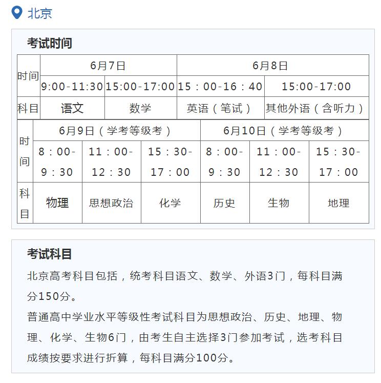 2021年北京高考时间及科目安排