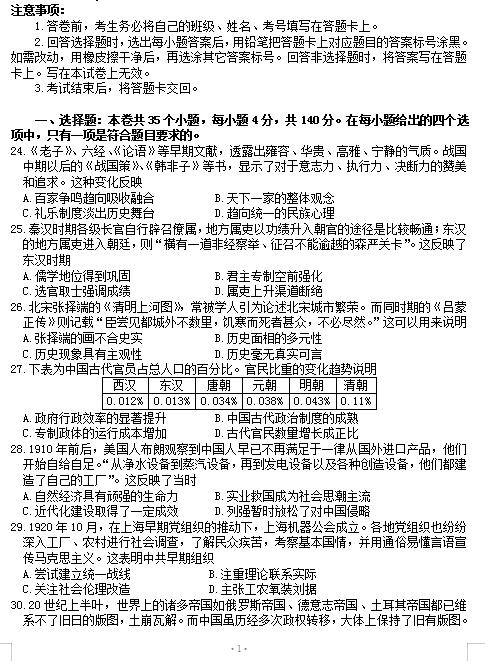 2021届四川省绵阳市高三上学期文综历史第二次诊断性考试题（下载版）