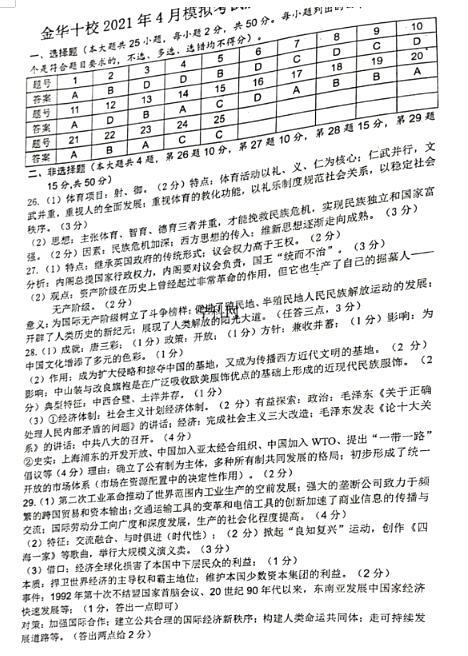 2021届浙江省金华十校高三下学期历史4月模拟考试试题答案（下载版）