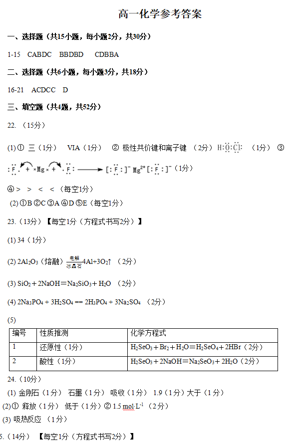 2020届广东省深圳实验学高一化学下学期段考试题答案