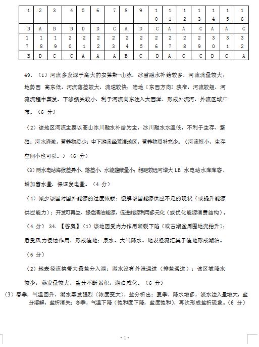 2021届河北省沧州市泊头市第一中学高三上学期地理第一次月考试题答案（图片版）