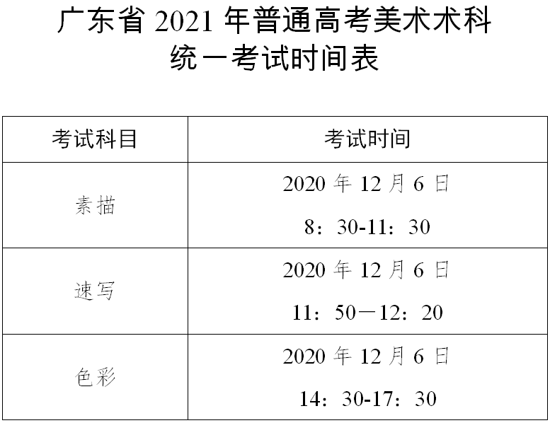 广东省2021年普通高考美术术科统一考试时间表