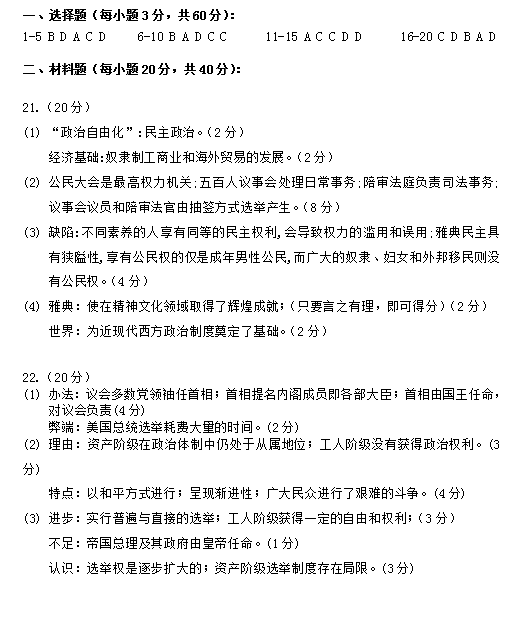 2021届陕西省咸阳市实验中学高一上学期历史第四次月考试题答案（下载版）