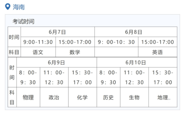 海南2023年高考时间及考试安排